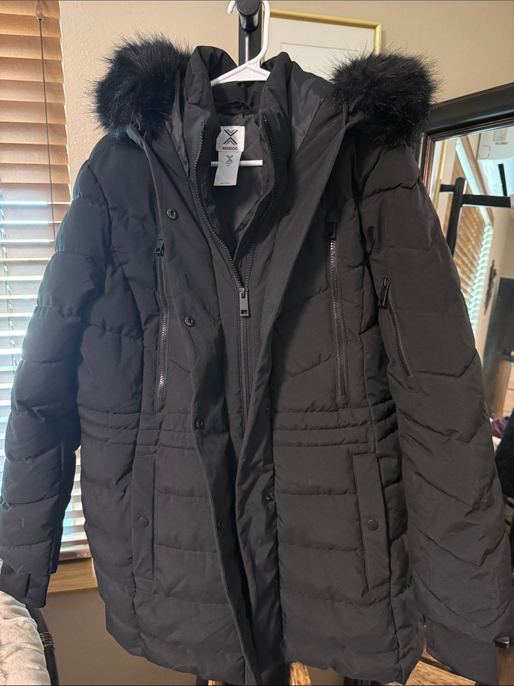 Xersion Black Quilted Puffer Jacket with Faux Fur Hood